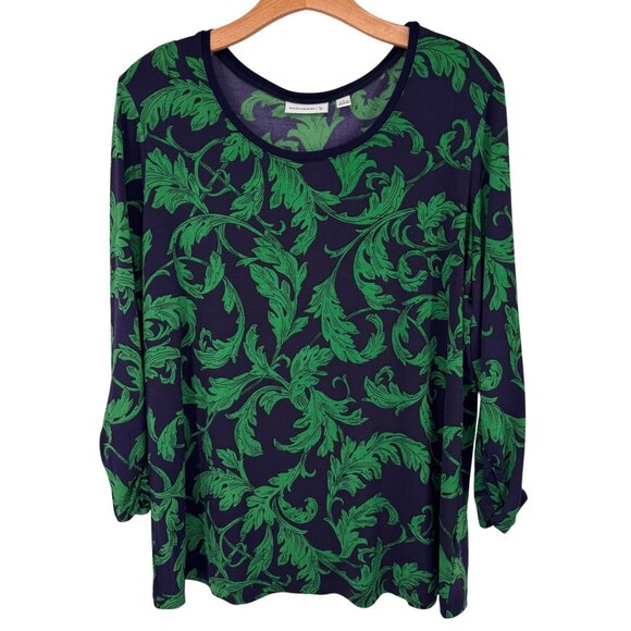 Susan Graver Womens Leaf Print Long Sleeve Top Navy Green size large liquid knit - Picture 1 of 10